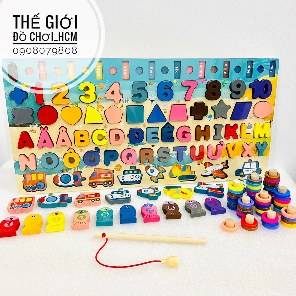 [BỔ ÍCH-MONTESSORI] Bộ đồ chơi gỗ đa năng câu cá học chữ số, nhận biết người, các loại hoa quả, xe