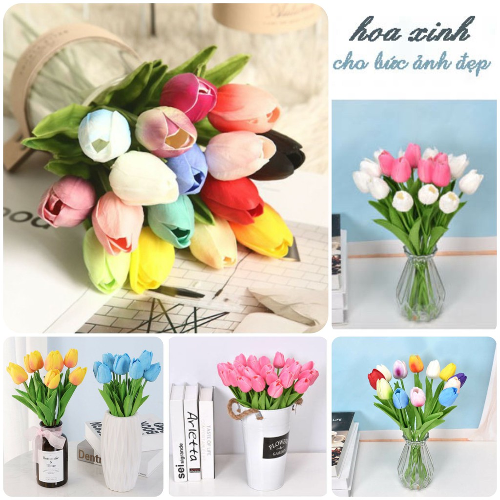 (siêu xinh) HOA TULIP phụ kiện trang trí chụp ảnh, hoa giả decor cắm lọ siêu xinh màu trắng, đỏ, vàng, hồng