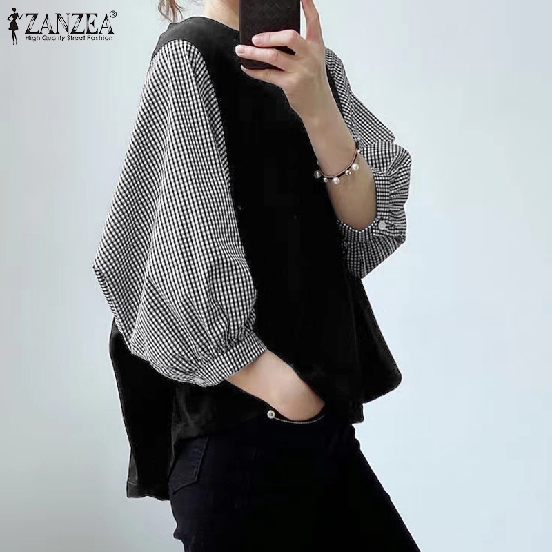 Áo kiểu ZANZEA tay phồng họa tiết sọc caro màu tương phản phong cách Hàn Quốc thời trang cho nữ