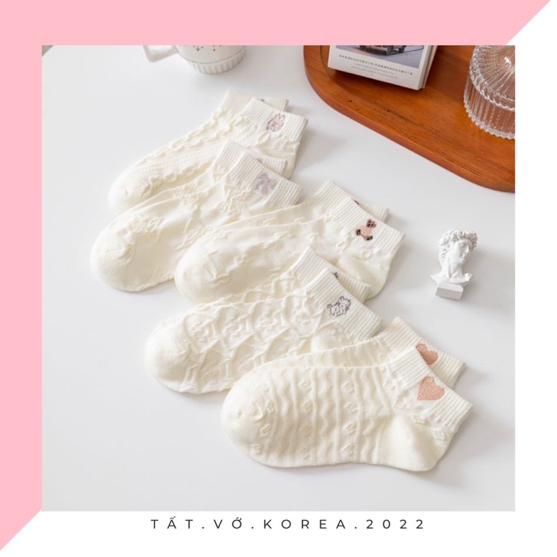 TẤT VỚ CỔ NGẮN ,TẤT VỚ CỔ THẤP COTTON MỎNG THOÁNG MÀU KEM GÂN NỔI HOẠ TIẾT GẤU NHỎ THÊU XINH XẮN DỄ THƯƠNG