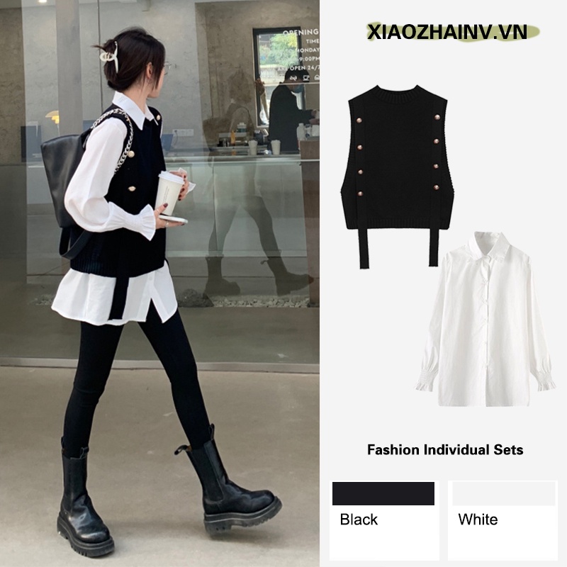 Áo Sơ Mi Trắng Tay Dài/ Áo Không Tay Dệt Kim Màu Đen Phong Cách Retro Hàn Quốc Thời Trang Cho Nữ (có bán lẻ) Xiaozhainv