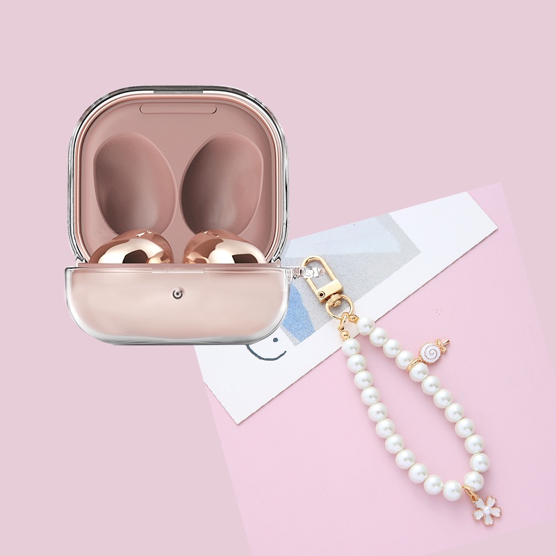 Vỏ Bảo Vệ Hộp Sạc Tai Nghe Samsung Galaxy buds 2 / buds PRO Bằng Silicon Mềm Đính Ngọc Trai Kèm Móc Khóa Xinh Xắn