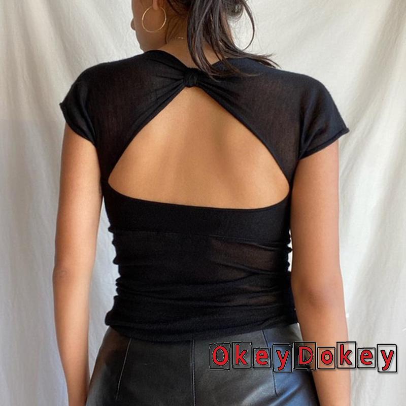 Áo Thun Ngắn Tay Cổ Chữ V Khoét Sâu Hở Lưng Thắt Nút Gợi Cảm Cho Nữ