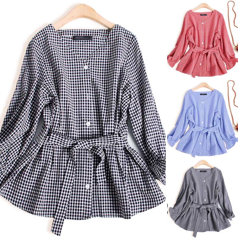 Áo sơ mi Zanzea tay dài họa tiết kẻ sọc caro cổ chữ v thanh lịch cho nữ