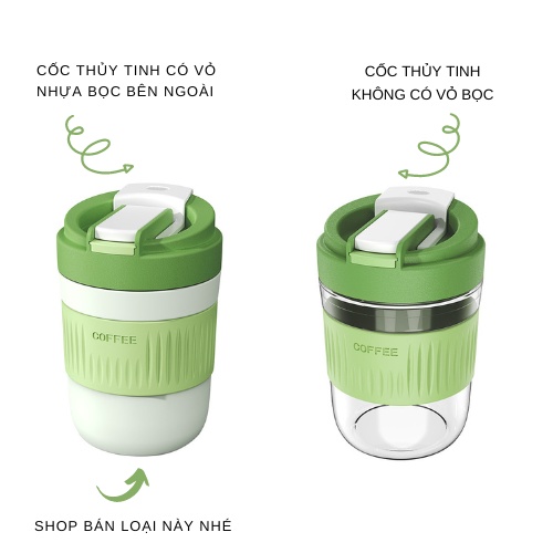 Cốc Uống Coffee KÈM ẢNH THẬT Ly Cốc Thủy Tinh Cao Cấp Bọc Vỏ Nhựa Kèm Nắp Và Ống Hút