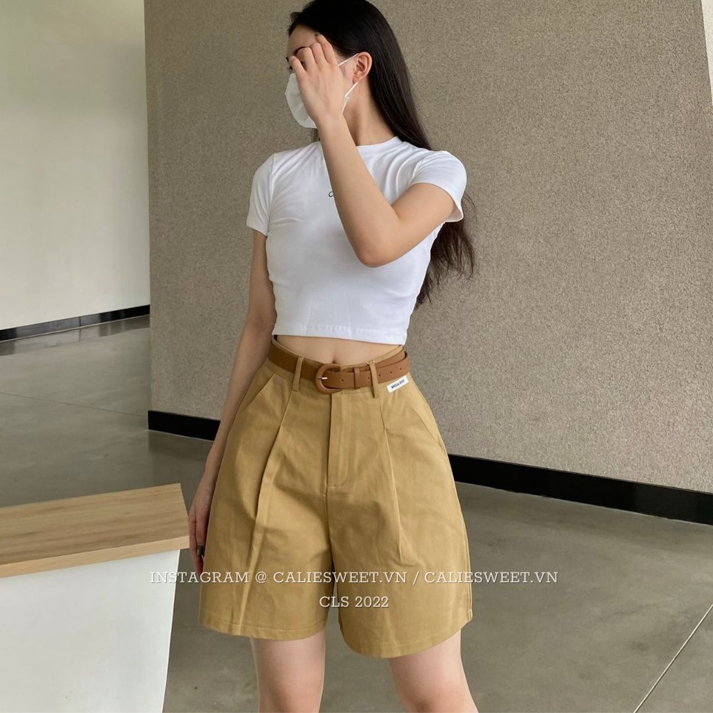 Quần đùi kaki nữ Caliesweet quần short cạp cao kèm thắt lưng da