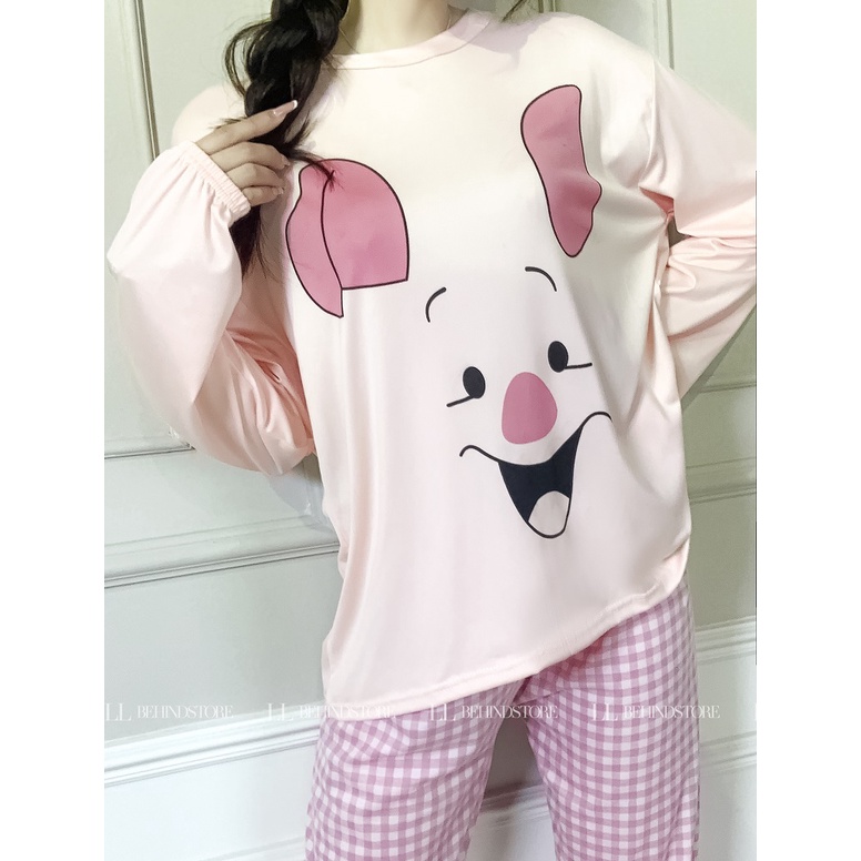 Bộ ngủ nữ dài tay thu đông cotton họa tiết cute dáng rộng chất vải mềm mại LL Behind Store - Sq021 | BigBuy360 - bigbuy360.vn