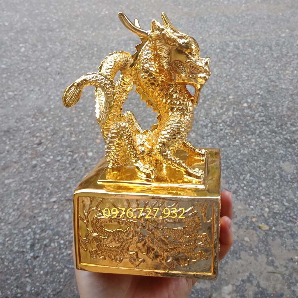 Ấn rồng phong thủy bằng đồng mạ vàng nano cao 18cm, ấn rồng mạ vàng thăng quan tiến chức
