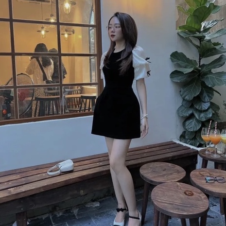 Váy Nhung Đen Phối Tay Bồng Đính Nơ (hình thật) Đầm Đi Tiệc Xinh Xắn Chuẩn Form Dáng - Ngọc Uyên Store