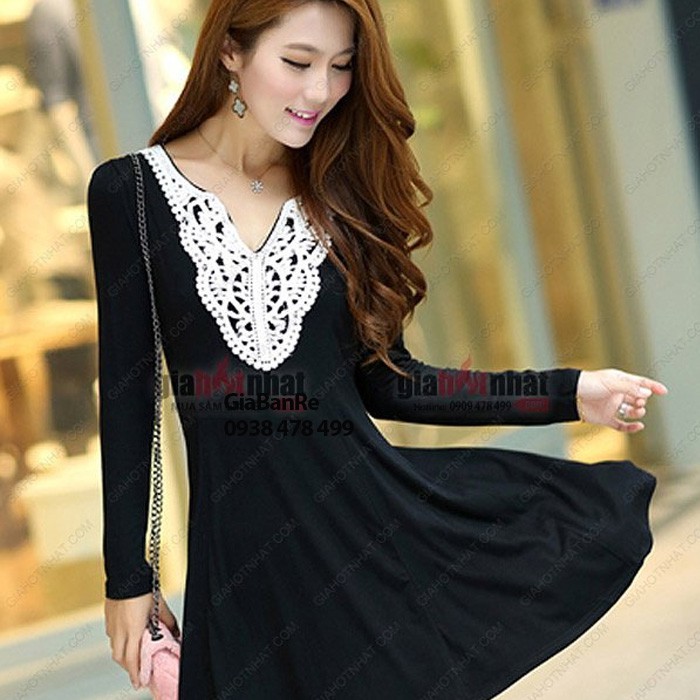 MS : 1143 - ĐẦM THẮT EO ĐẮP REN CỔ ÁO