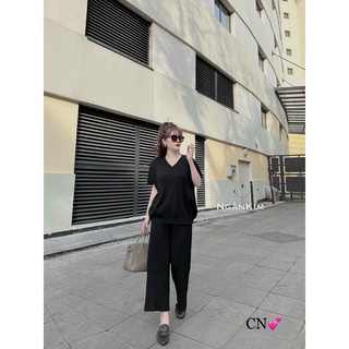Set len gân trơn cộc tay cổ tim quần suông hàng QC