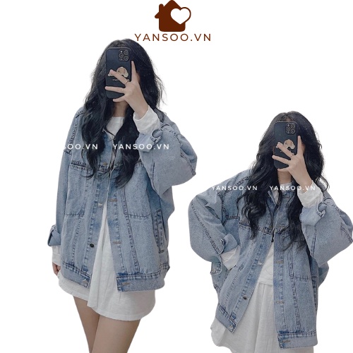 Áo khoác jean nữ from rộng túi trước , áo khoác bò denim xanh nhạt tay dài Quảng Châu chất dày dặn đẹp YANSOO