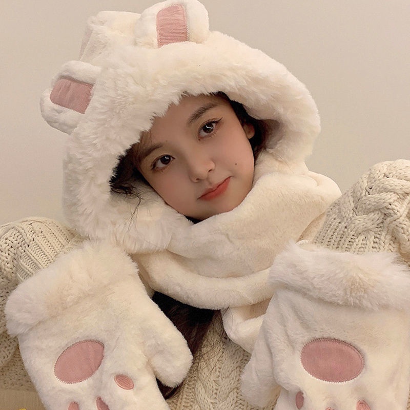 Khăn Choàng Cổ Kiêm Mũ Tai Thỏ Dễ Thương Phong Cách Hàn Quốc Thời Trang Mùa Đông Cho Nữ