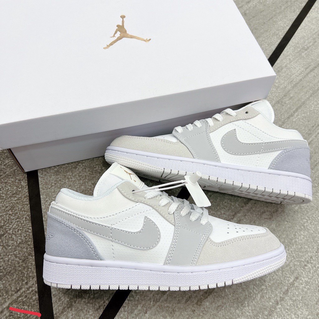 Giày 𝐉𝐨𝐫𝐝𝐚𝐧 1 low paris màu xám gót xanh nam nữ, Giày sneaker JD 1 paris cổ thấp bản đẹp 2021