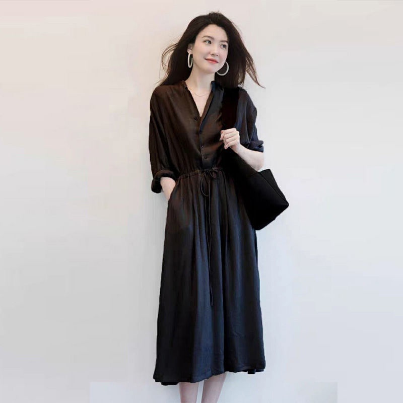 Đầm Midi Dài Cổ Chữ V Tay Ngắn Có Nút Cài Thanh Lịch Màu Trơn Cho Nữ 40-100KG C9175