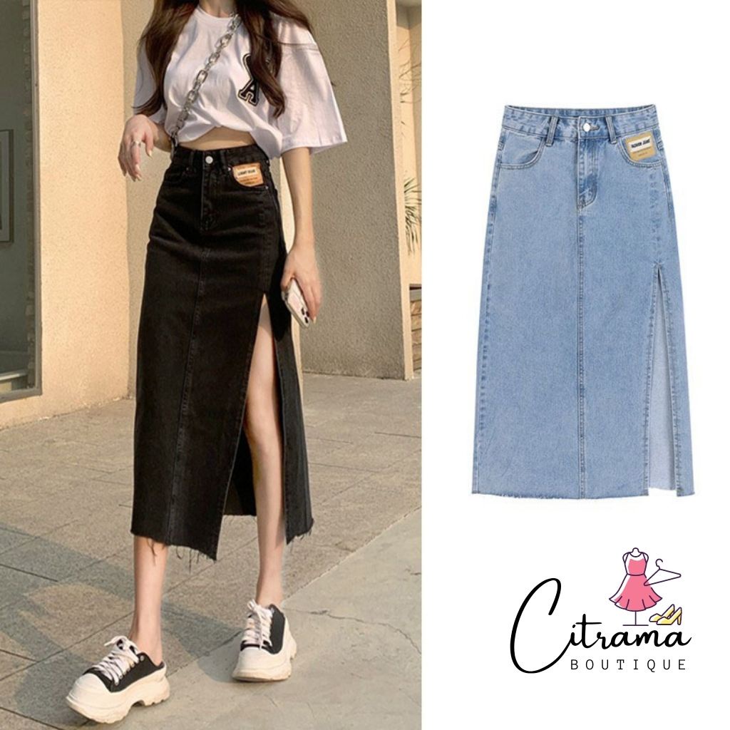Chân váy bò xẻ tà dáng dài chân váy denim lưng cao quyến rũ cho nữ CVJ02