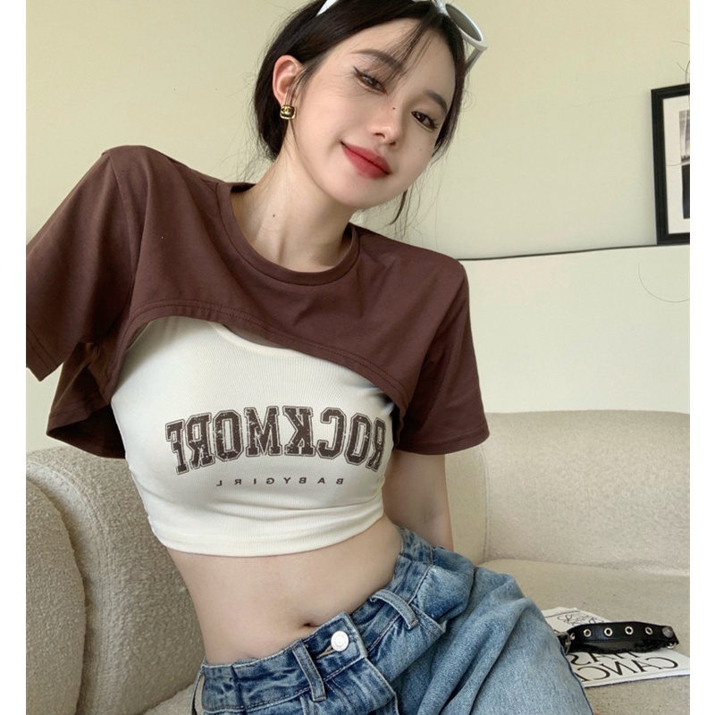 Set Áo Thun Ngắn Tay Màu Nâu + Áo Yếm Hai Dây In Chữ Thời Trang Cho Nữ