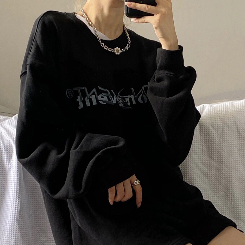 Áo Nỉ Dài Trung Bình Cổ Tròn Dáng Rộng In Chữ Thời Trang Mùa Thu Cho Nữ