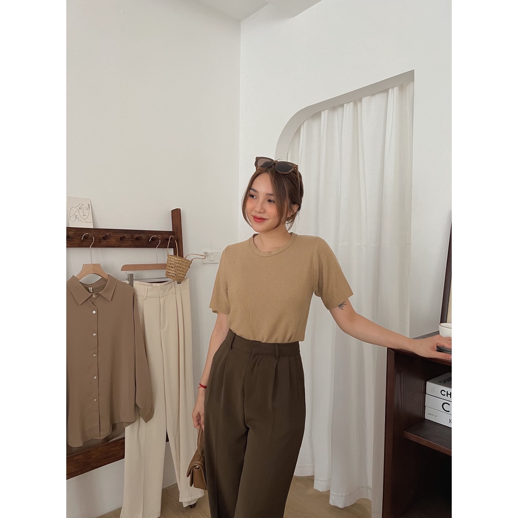 Áo phông xốp cổ tròn croptop A-6629, mongtoghi len đan cộc tay