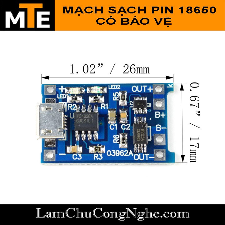 Mạch sạc pin 18650 1A TP4056 có bảo vệ Micro USB