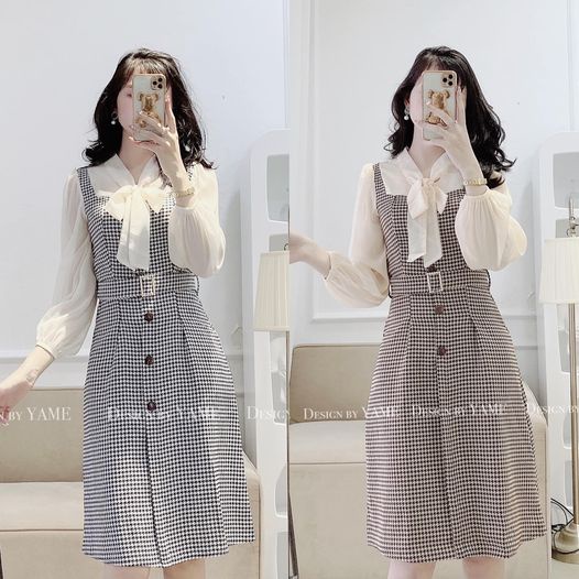 Váy dạ 2 lớp tay áo voan tơ mềm kèm đai belt màu nâu, xanh đen Chubby Dress YAME