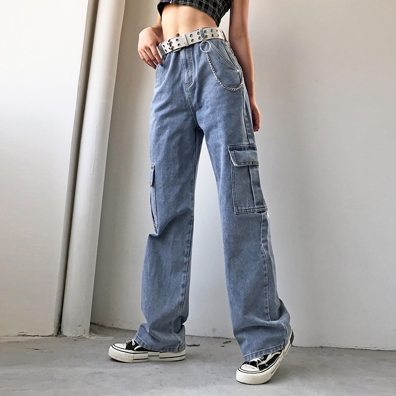 Quần jean cargo pants túi hộp ống rộng dáng suông phong cách unisex hàng cao cấp