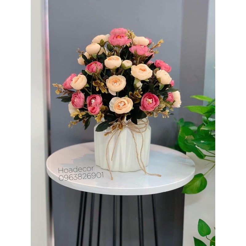 Hoa giả - hoa lụa : lọ hoa hồng trà vintage cắm sẵn