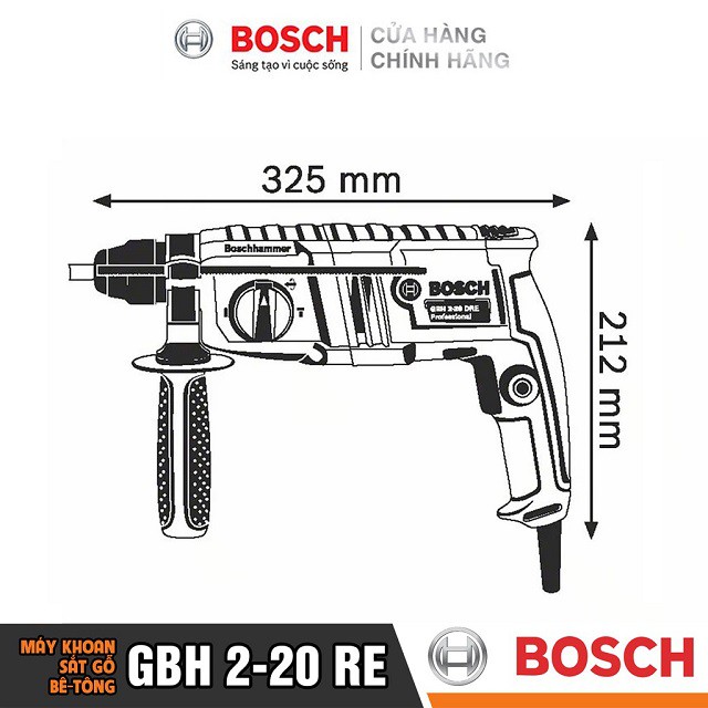 [CHÍNH HÃNG] Máy Khoan Búa Bosch GBH 2-20 RE (20MM-600W) - Chuyên Khoan Bê Tông, Giá Đại Lý Cấp 1, Bảo Hành Toàn Quốc