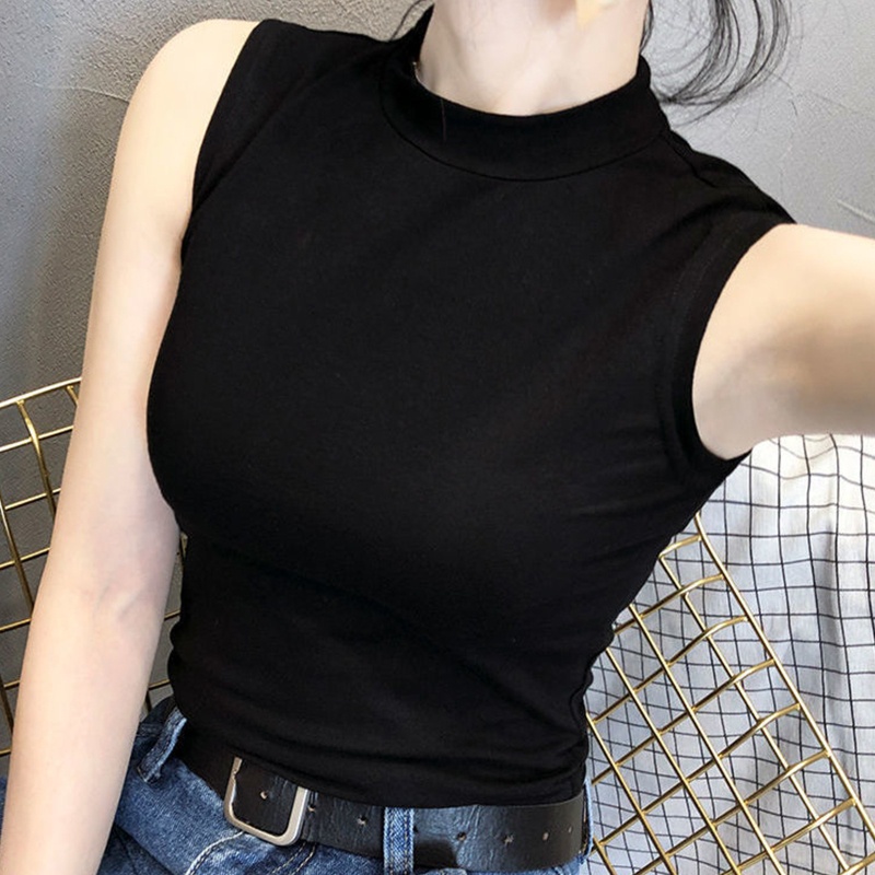 Áo Tank Top Sát Nách Cổ Lọ Màu Trơn Thiết Kế Ôm Sát Tôn Dáng