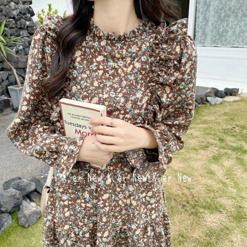Váy Amina xòe hoa nhí retro Đầm hoa nhí phong cách retro