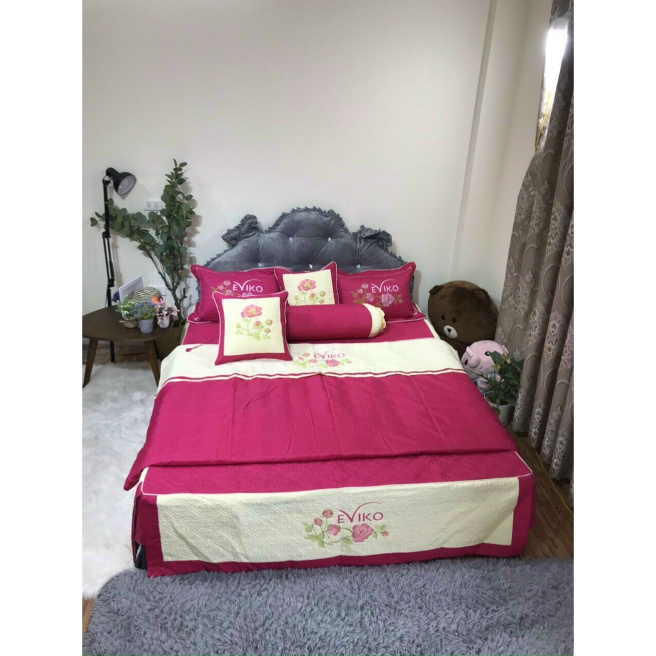 Set chăn ga gối satin 7 món thêu cực đẹp dùng phòng cưới,làm quà tặng biếu sang trọng có kèm túi
