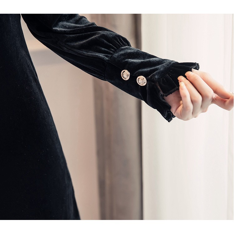 [SALE CHÀO HÈ] Váy nhung cổ chữ V có lót trong đính nơ lụa đen siêu sang chảnh | BigBuy360 - bigbuy360.vn