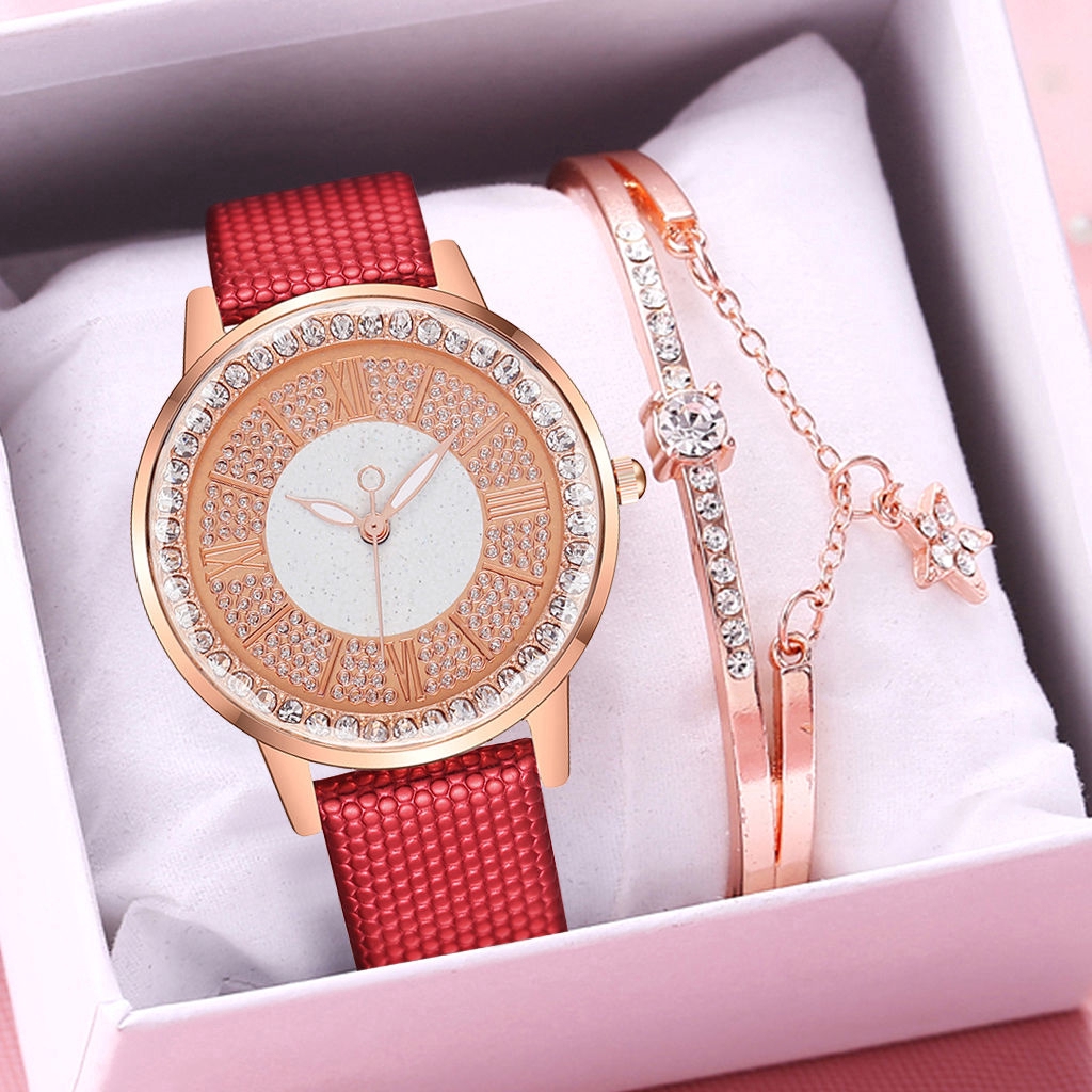 Đồng Hồ Thạch Anh Nữ Mặt Đính Hột Xoàn Dây Da Thời Trang