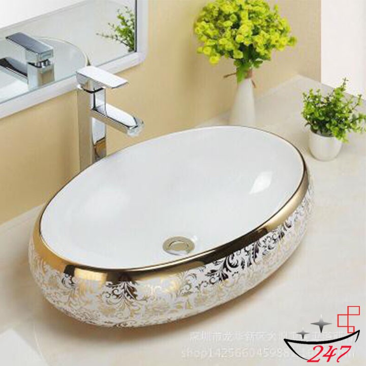 [HÀNG CAO CẤP] Lavabo sứ elip hoa văn vàng cao cấp  bảo hành 10 năm