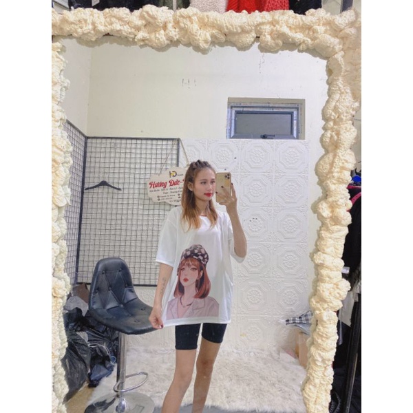 Áo Thun Cô Gái Tay Lỡ Unisex Form Rộng Cổ Tròn In Hình Cô Gái Hot 2022