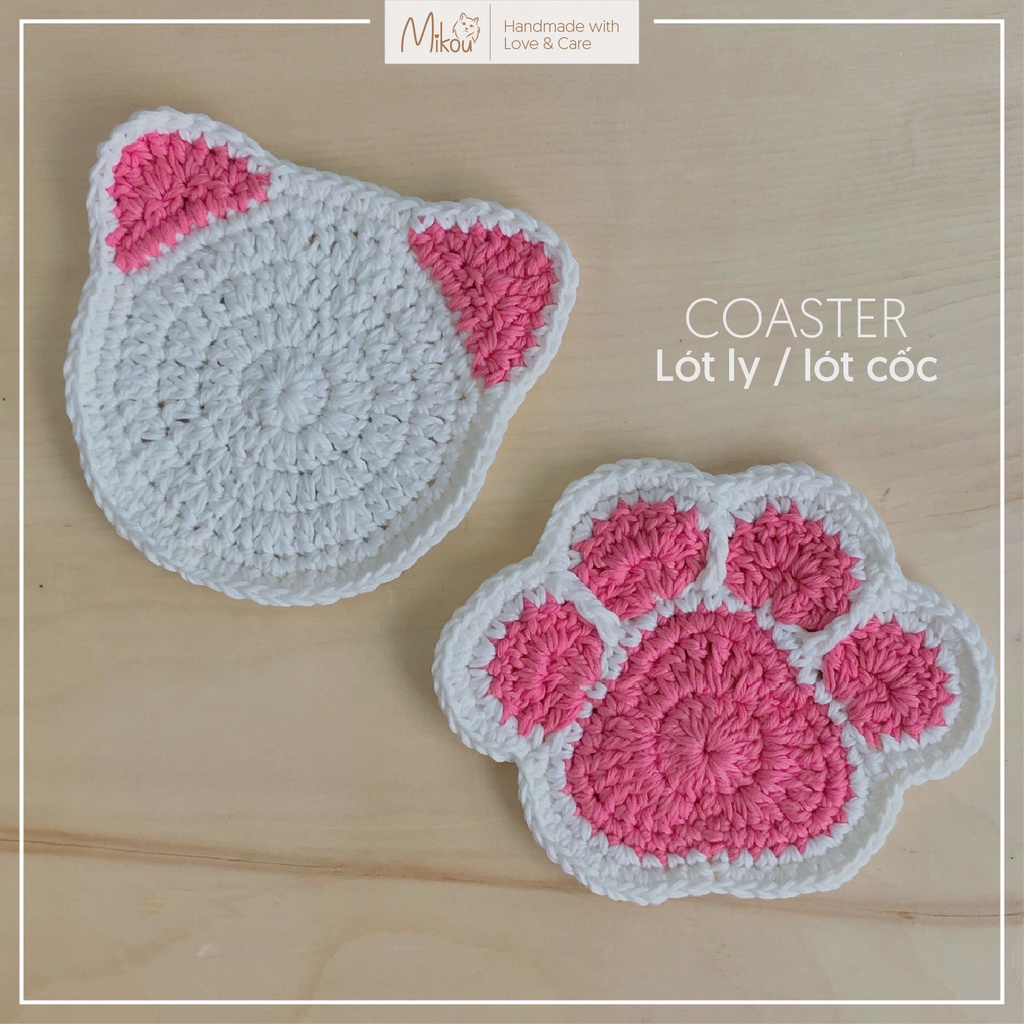 Lót ly hình mèo cotton thấm hút nước, handmade cat coaster, mikou shop