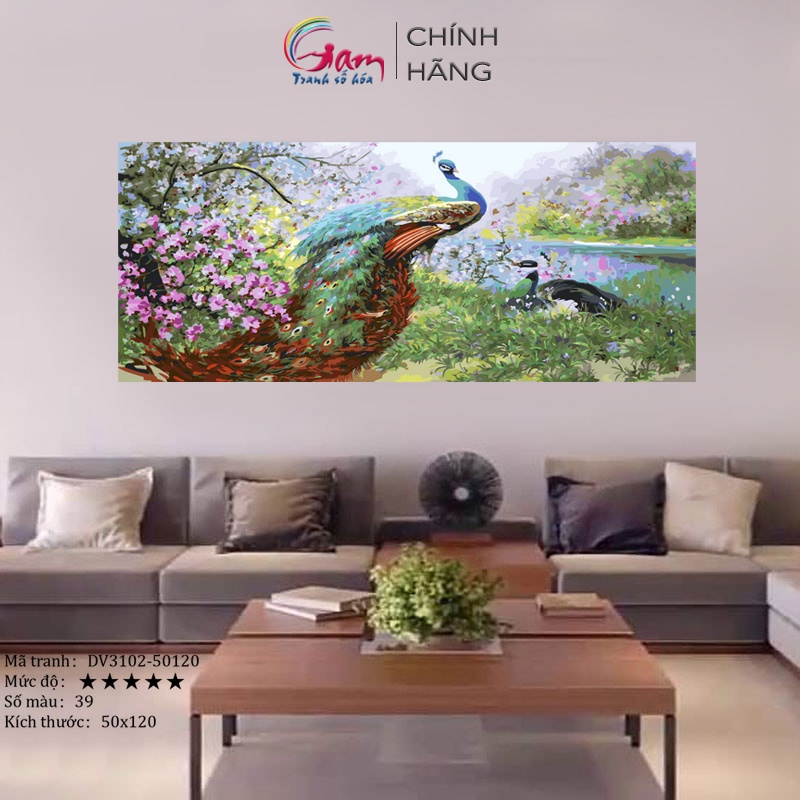 Tranh sơn dầu số hóa tự tô màu khổ lớn đôi chim công khổng tước cầu tài lộc may mắn DV3102 không khung 50x120 cm
