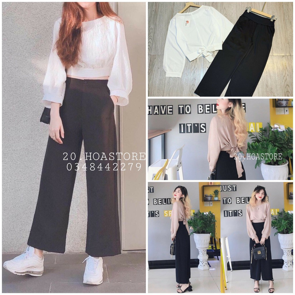 SET BỘ ÁO BUỘC NƠ LƯNG PHỐI QUẦN CULLOTES ỐNG RỘNG CHẤT TUYẾT MƯA HOT
