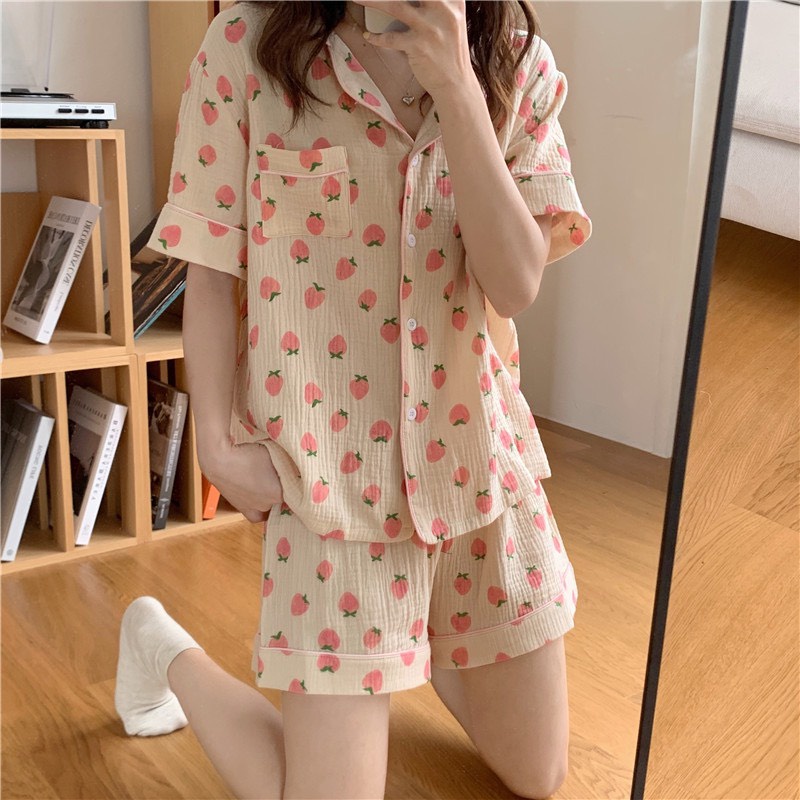 Bộ đồ ngủ nữ cộc tay chất đũi xốp, Bộ đồ ngủ pijama nữ viền bèo chất vải mát