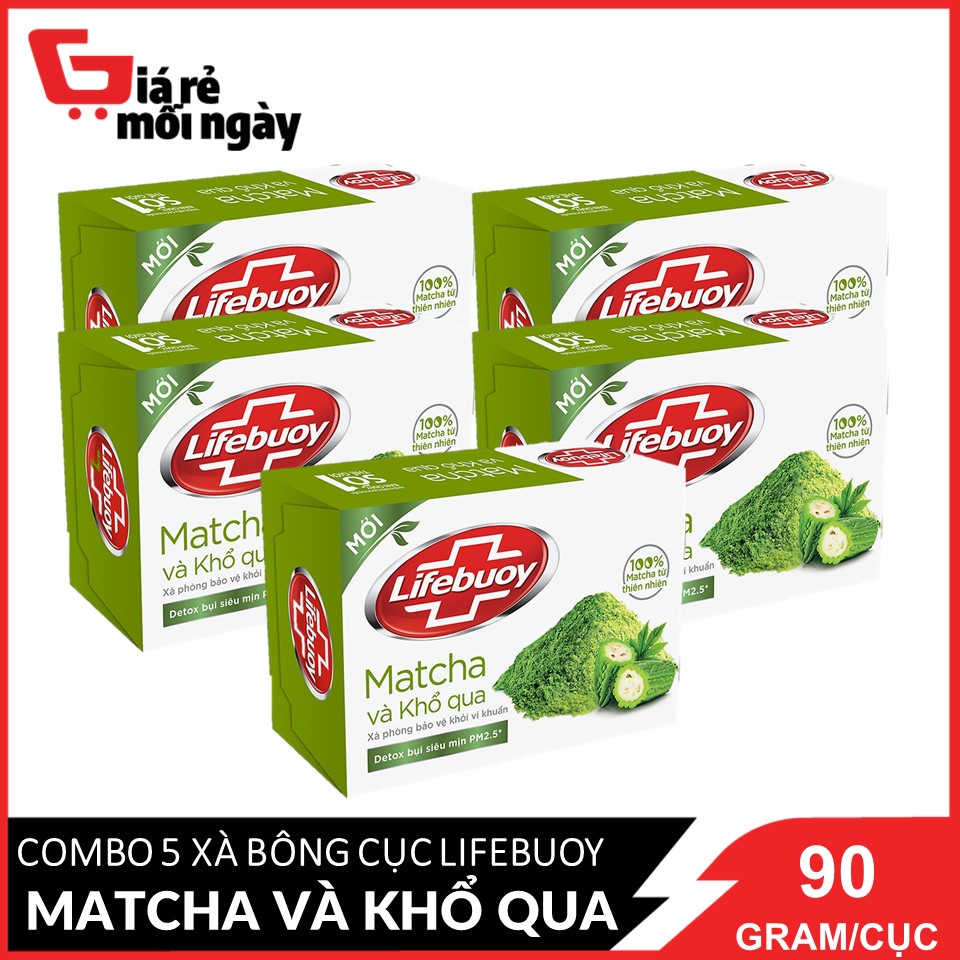 COMBO 5 Xà bông cục Lifebuoy Bảo vệ khỏi vi khuẩn Matcha và Khổ qua (Xanh lá) 90g X5