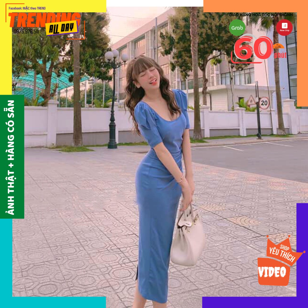 Đầm body dáng dài, đầm thiết kế cổ vuông tay phồng tôn dáng tôn da mặc bao chảnh bao sang | BigBuy360 - bigbuy360.vn