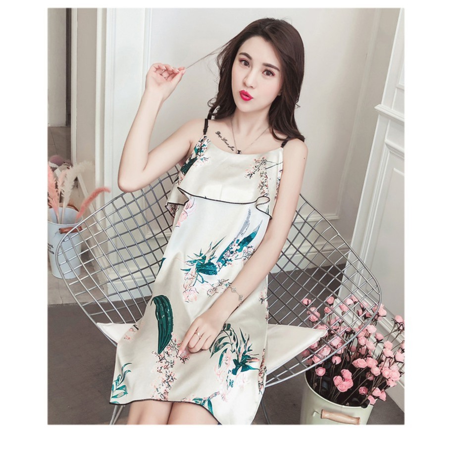 Váy ngủ lụa phi bóng 2 dây kèm bra lót mút dễ thương, đầm ngủ lụa 2 dây hàng Quảng Châu | BigBuy360 - bigbuy360.vn