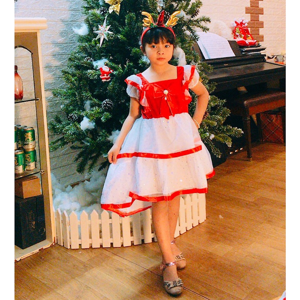 (Tặng kèm bờm) Váy Noel 2 tầng xoè kiểu Cánh tiên hoàng cung hoá trang Noel cho bé gái