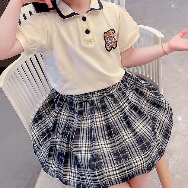 Bộ Áo Sơ Mi Ngắn Tay Cổ Bẻ Phối Chân Váy Kẻ Sọc Ca Rô Thời Trang Mùa Hè Cho Bé Gái