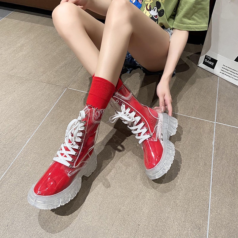 Martin trong suốt Boots Thu và Đông 2022 Mới Thu và Đông Wild Net Red đế dày chiên Boots ngắn đường phố
