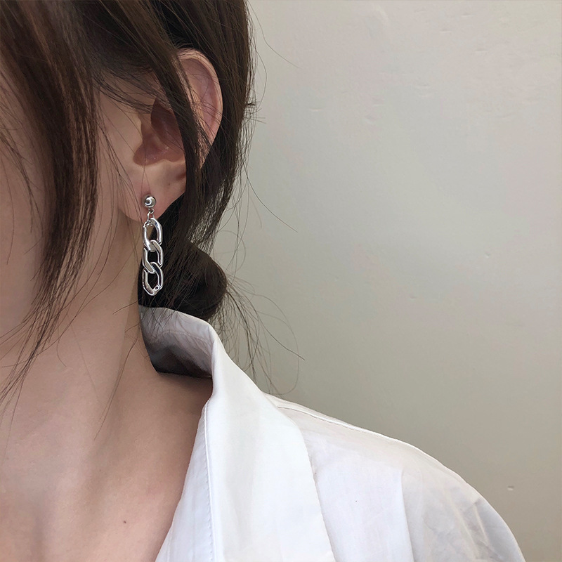 【QM】 Khuyên tai bằng kim loại bạc S925 dáng dài phong cách Hàn Quốc cho phái nữ