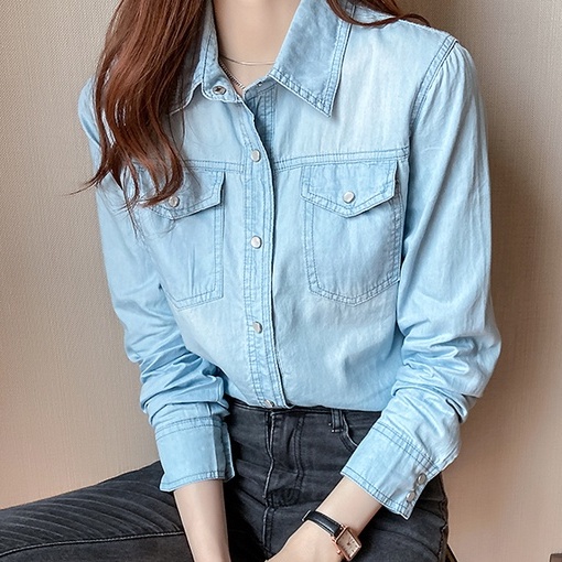 Áo sơ mi denim Nữ Thời trang Mỏng Đơn giản Phong cách Hàn Quốc Dài tay Áo
