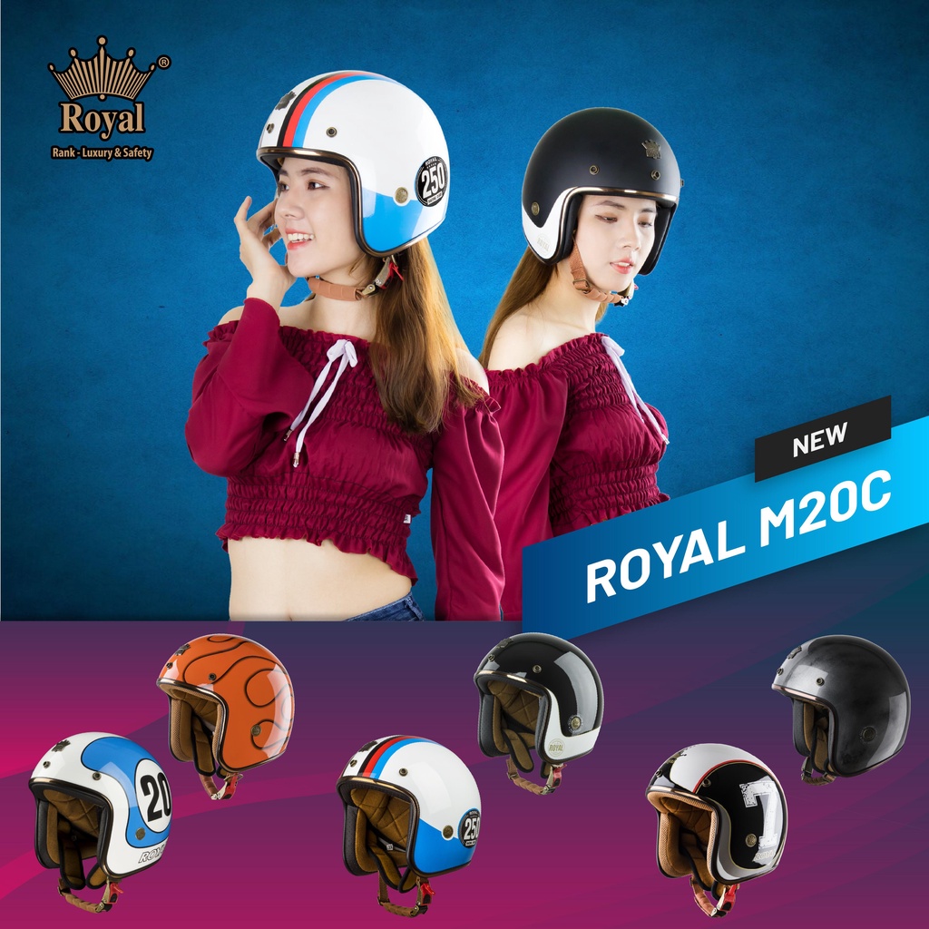 Mũ Bảo Hiểm Royal M20C Tem Màu, Logo Viền Đồng - BH Chính Hãng 12 Tháng (Tặng Khăn Trùm Ninja + Túi)