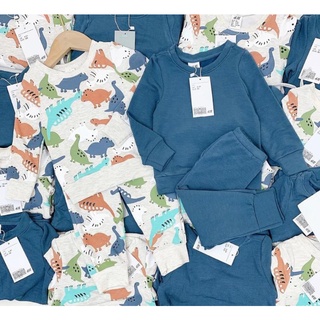 Set bộ bé unisex H&M KIDS xuất Âu xịn thun cotton da cá tay dài cổ tròn hoạ tiết khủng long, xanh dương trơn