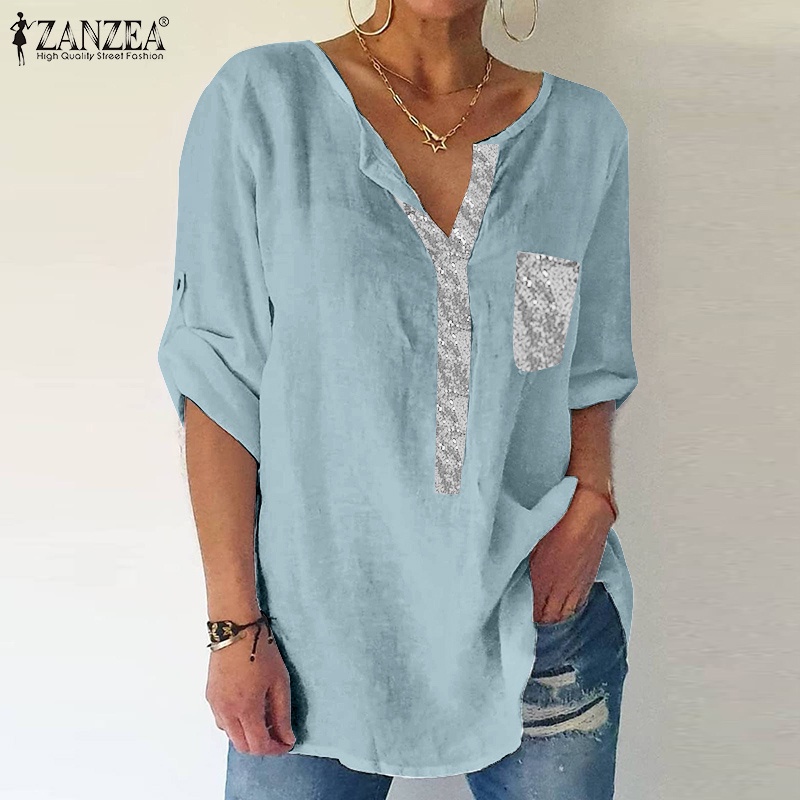 Áo ZANZEA tay dài dáng rộng màu trơn trang trí túi phía trước cổ chữ V phong cách retro vintage dành cho nữ